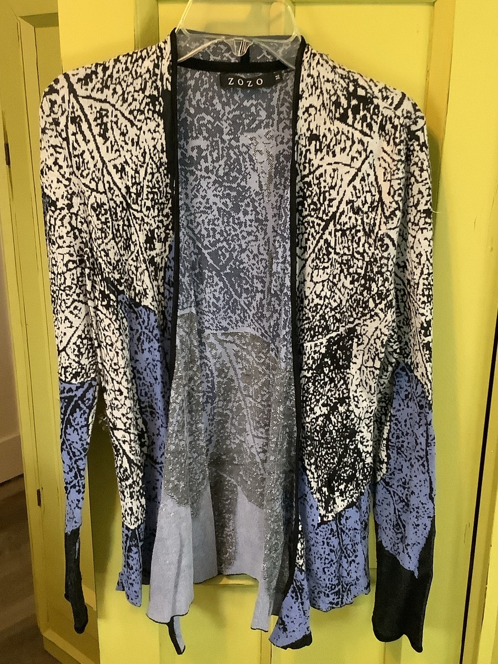 Zozo Open-Front Patterned Cardigan — Black, White & Periwinkle